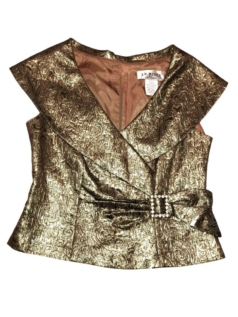 VTg J.R. Nites Gold Brocade Blouse Sz 11 USA Jeweled Buckle Detail Rear Zipper